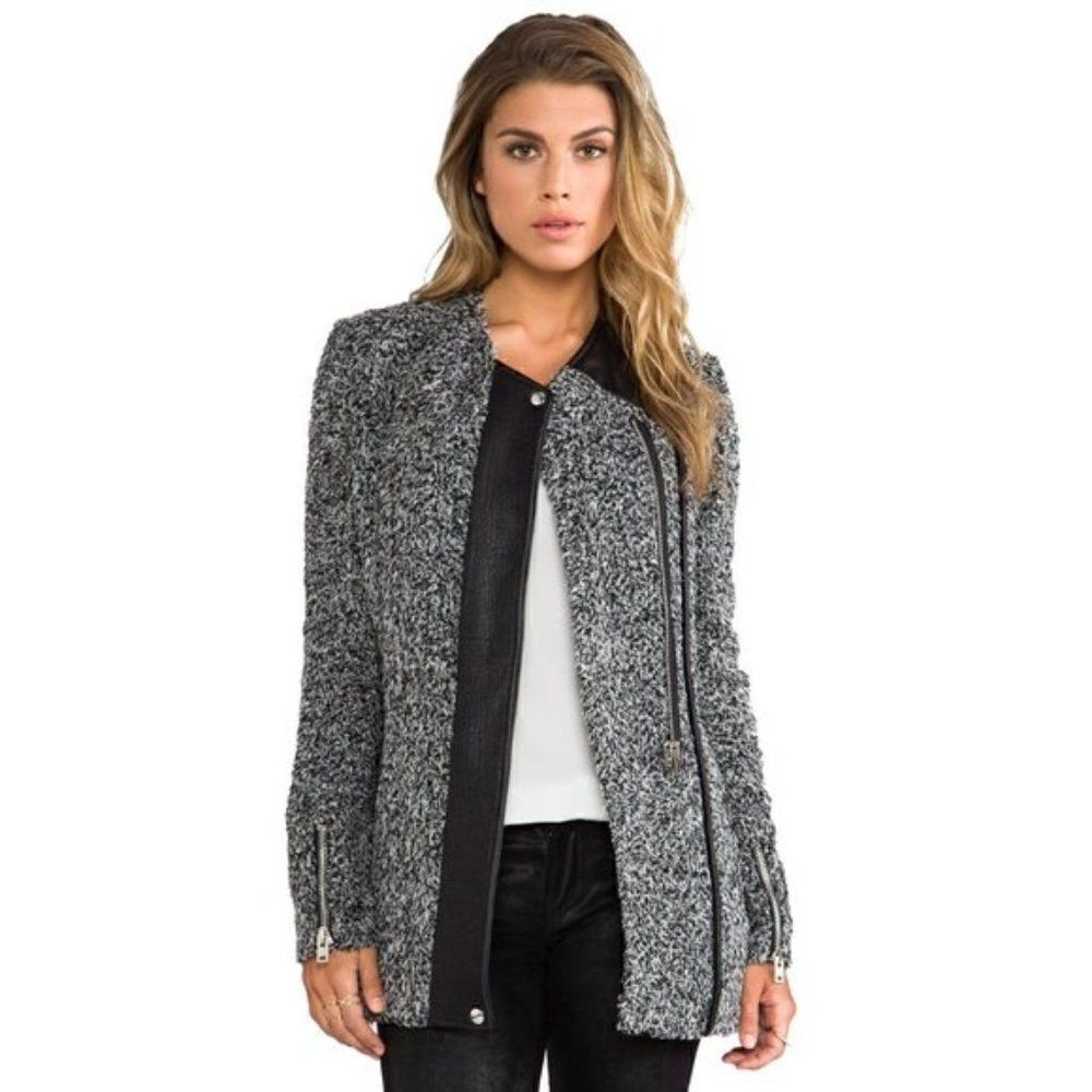 IRO Derby Boucle Knit Leather Trim Full Zip Jacket in Gris Souris